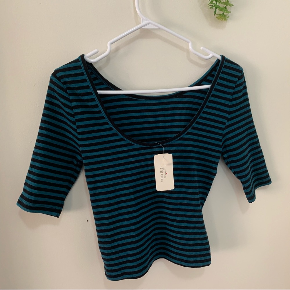 Forever21 Rugby Ribbed Stripes Deep Back Cut Crop Top Size Large